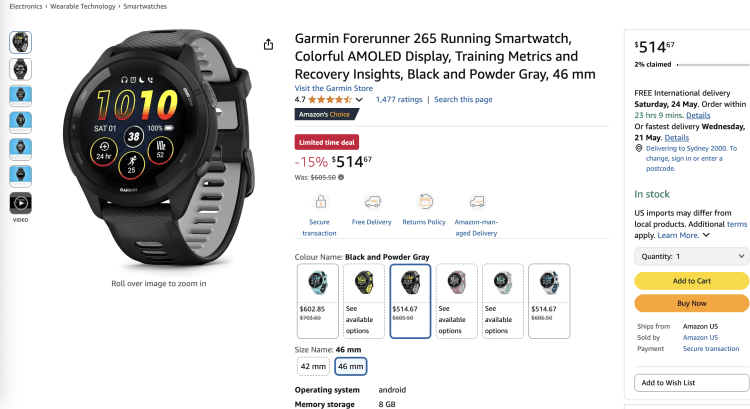 Amazon: Garmin Forerunner 265 Running Smartwatch – was $605.50 , now $514.67